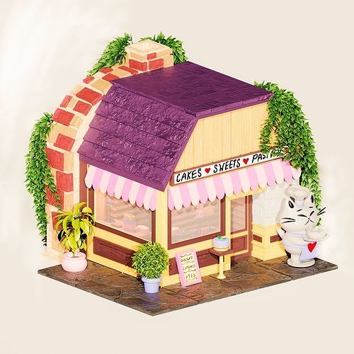 Cake Shop Store Plants Cat Environment Street  3D model