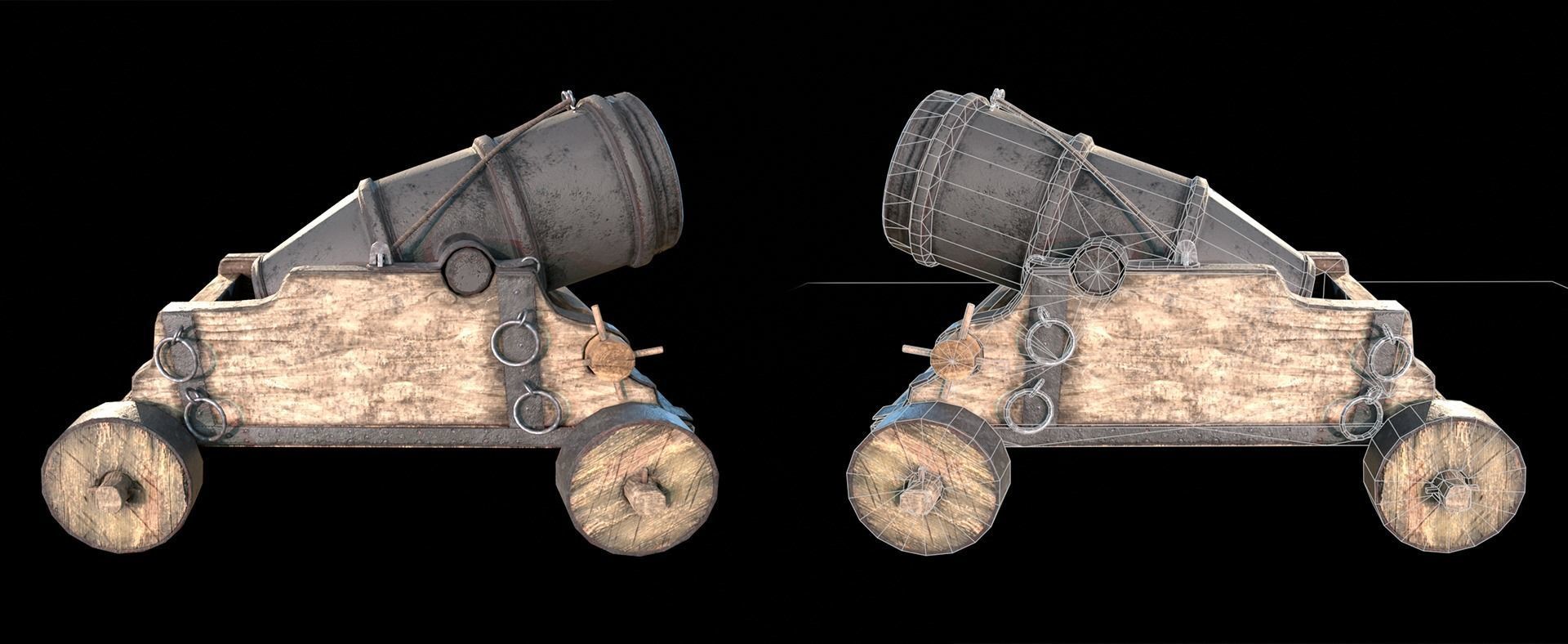 Mortar two cannons on wheels Low-poly 3D model_3