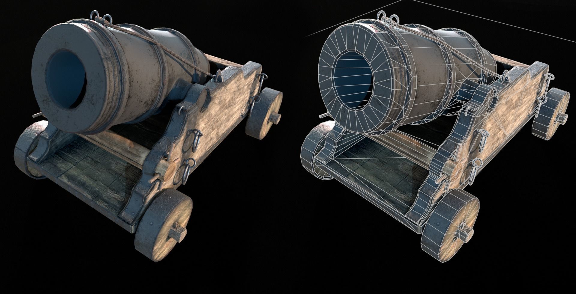 Mortar two cannons on wheels Low-poly 3D model_2