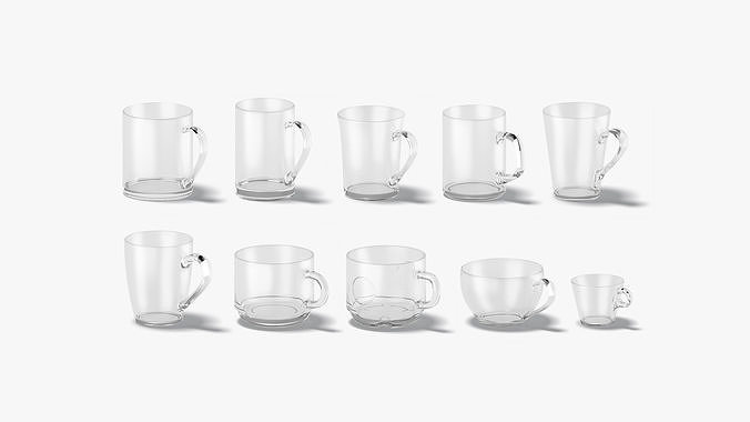 10 Glass Mug Shapes-transparent cups with different forms  sizes Low-poly 3D model