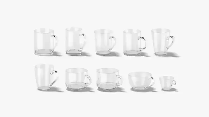 10 Glass Mug Shapes-transparent cups with different forms  sizes