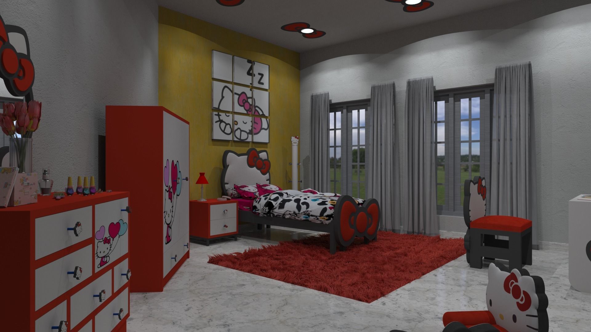 Hello Kitty bedroom RED color style 3D model | CGTrader
