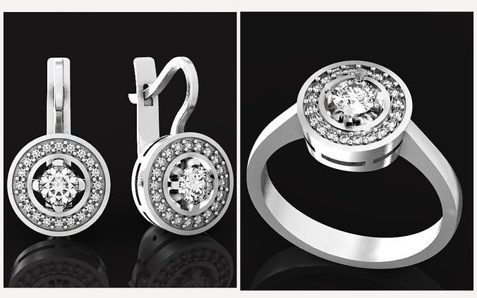 classic set elegant ring and earrings with round stone 502 3D Model Collection