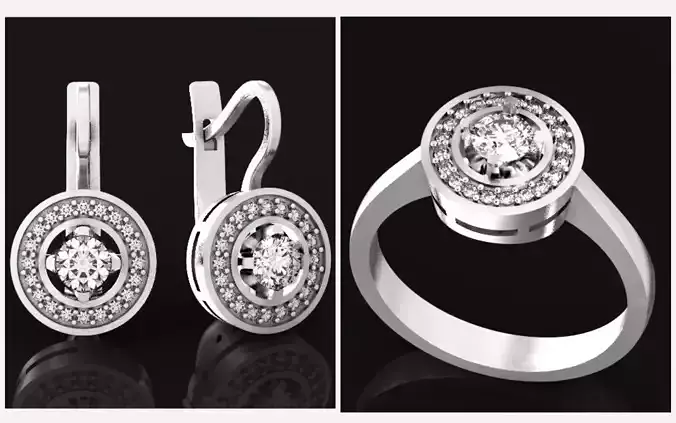 classic set elegant ring and earrings with round stone 502 3D Model Collection