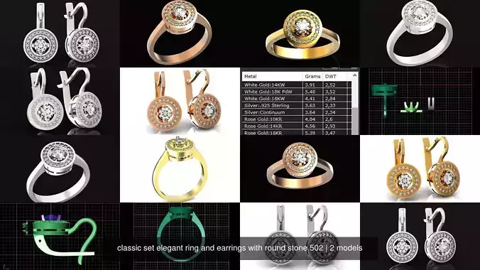 classic set elegant ring and earrings with round stone 502