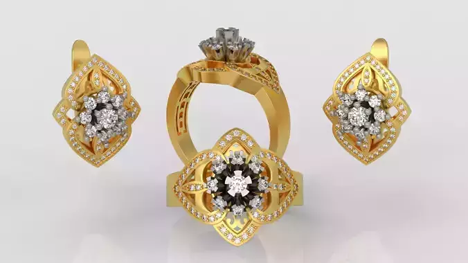 Ring and Earrings Diamond jewelry set 3d print model A57