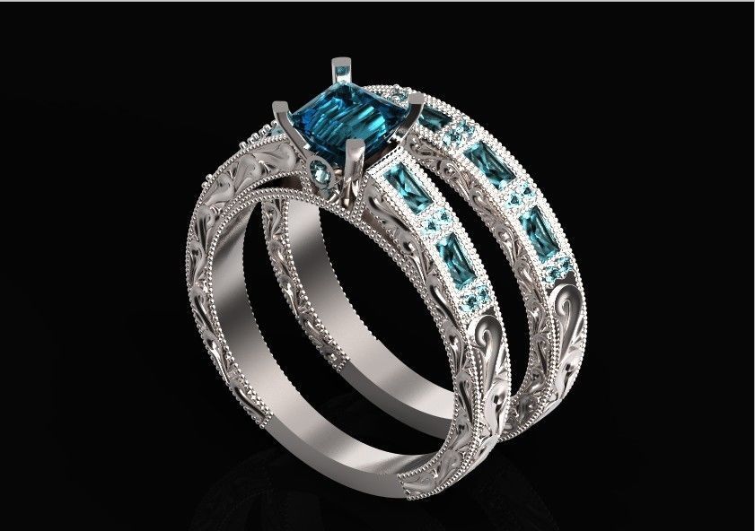 double engagement wedding ring with baguette and princess 506 3D print model_25