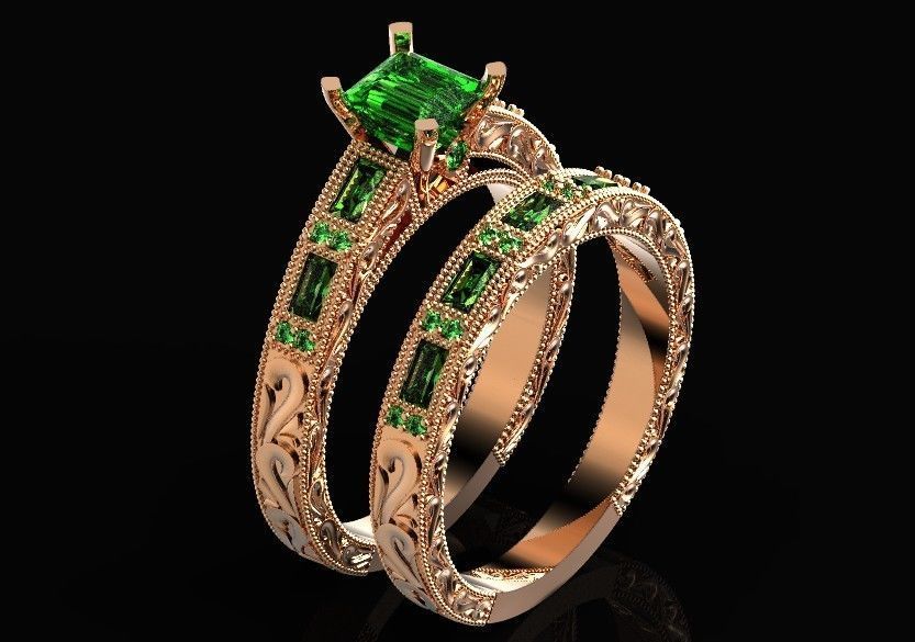 double engagement wedding ring with baguette and princess 506 3D print model_32