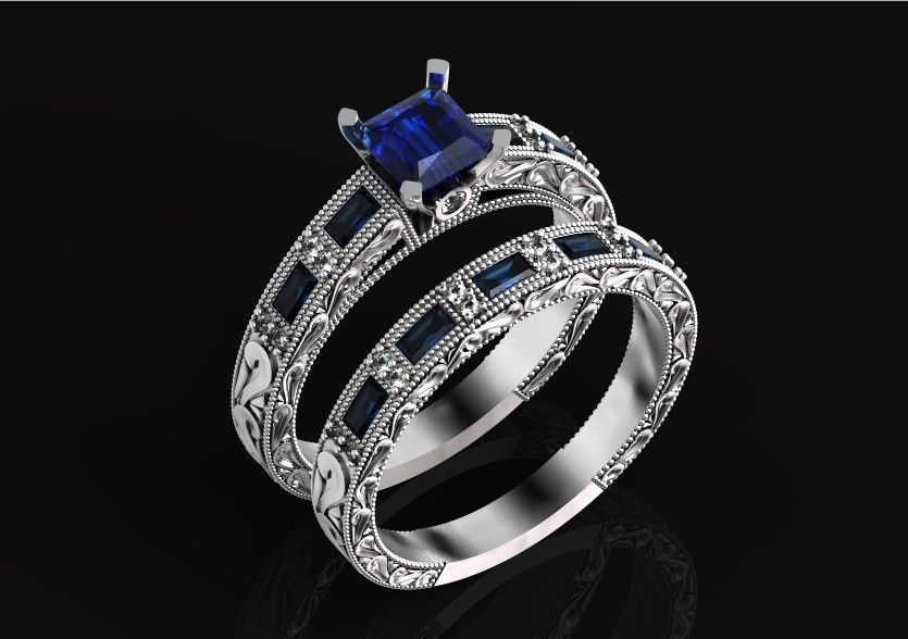 double engagement wedding ring with baguette and princess 506 3D print model_59