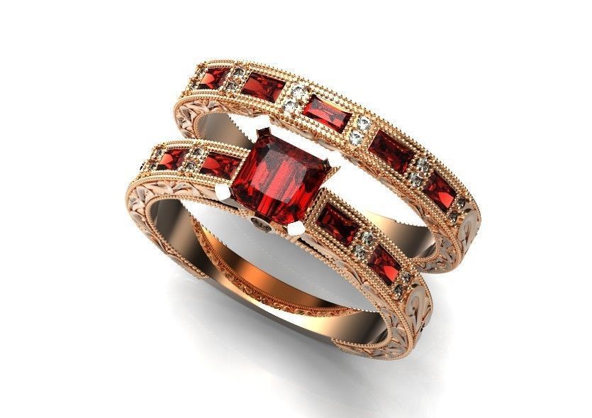 double engagement wedding ring with baguette and princess 506 3D print model_17