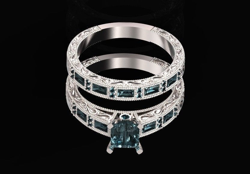 double engagement wedding ring with baguette and princess 506 3D print model_20