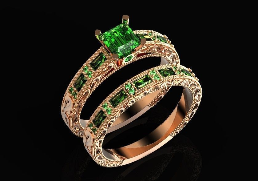 double engagement wedding ring with baguette and princess 506 3D print model_31