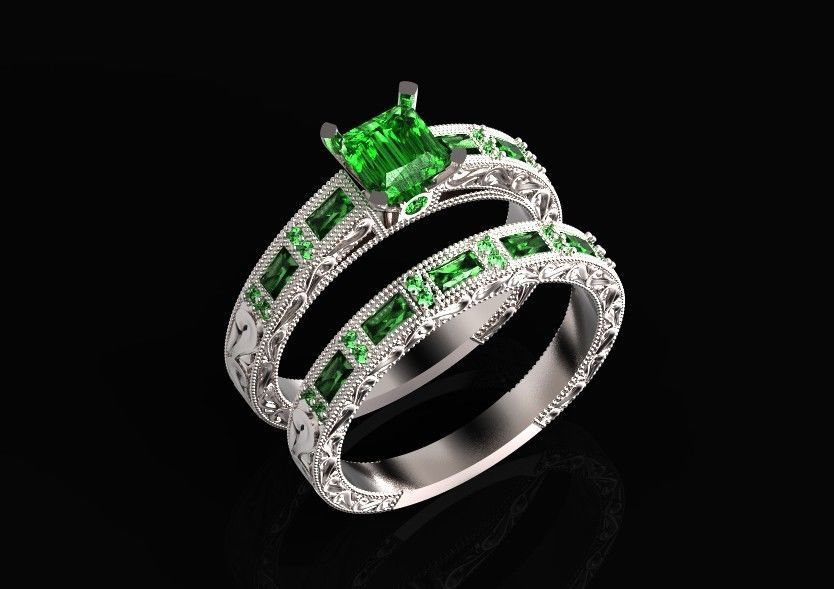 double engagement wedding ring with baguette and princess 506 3D print model_29