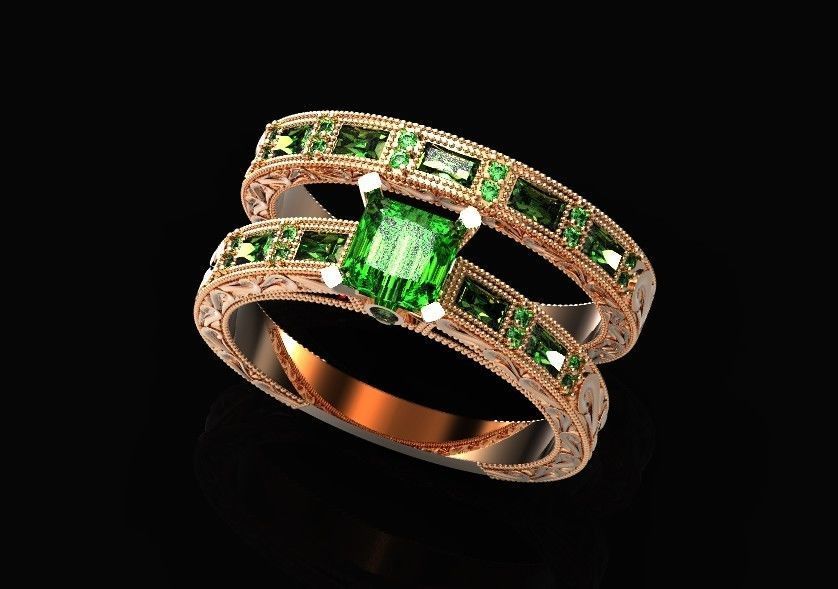 double engagement wedding ring with baguette and princess 506 3D print model_33