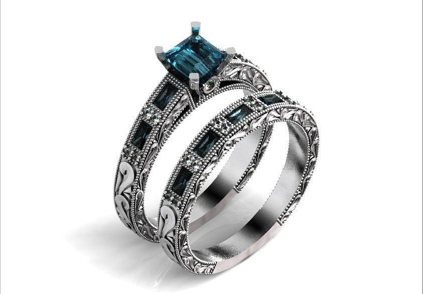 double engagement wedding ring with baguette and princess 506 3D print model_2