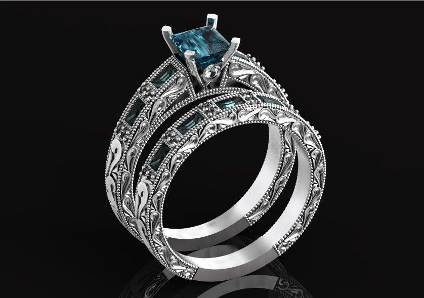 double engagement wedding ring with baguette and princess 506 3D print model_62