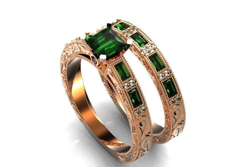 double engagement wedding ring with baguette and princess 506 3D print model_54