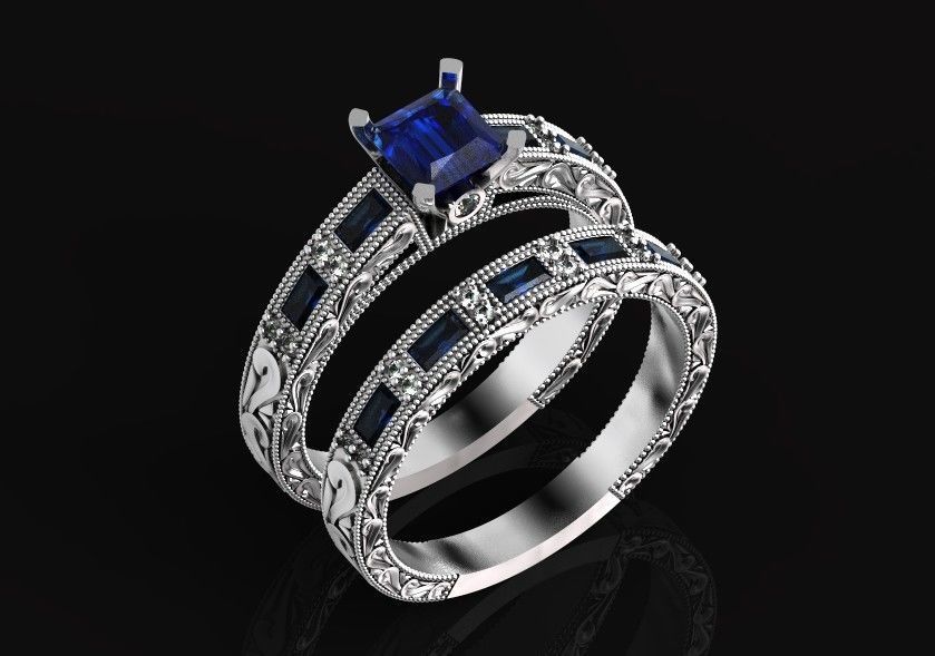 double engagement wedding ring with baguette and princess 506 3D print model_58