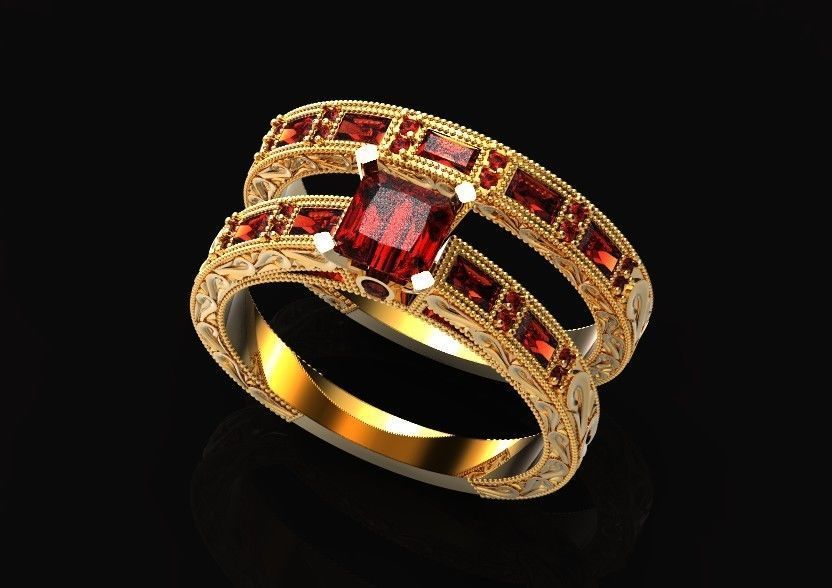 double engagement wedding ring with baguette and princess 506 3D print model_35