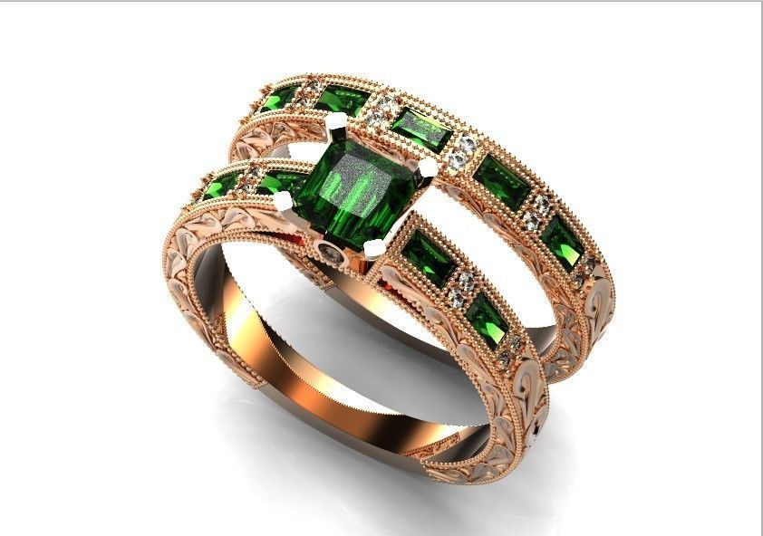 double engagement wedding ring with baguette and princess 506 3D print model_15