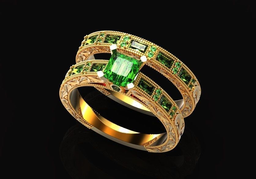 double engagement wedding ring with baguette and princess 506 3D print model_34