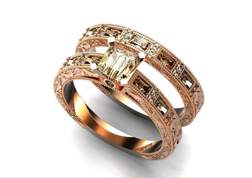 double engagement wedding ring with baguette and princess 506 3D print model_50