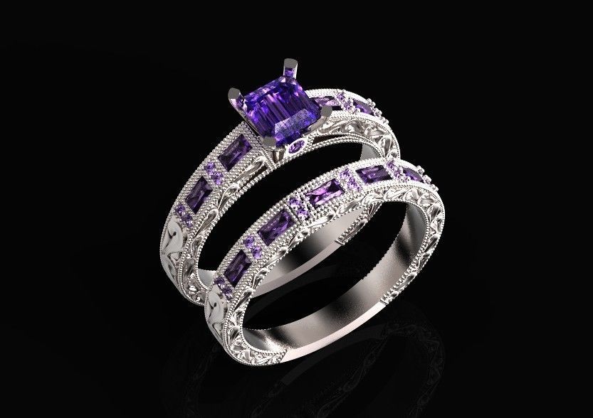 double engagement wedding ring with baguette and princess 506 3D print model_28