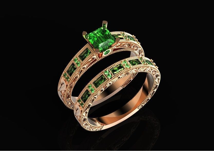 double engagement wedding ring with baguette and princess 506 3D print model_30