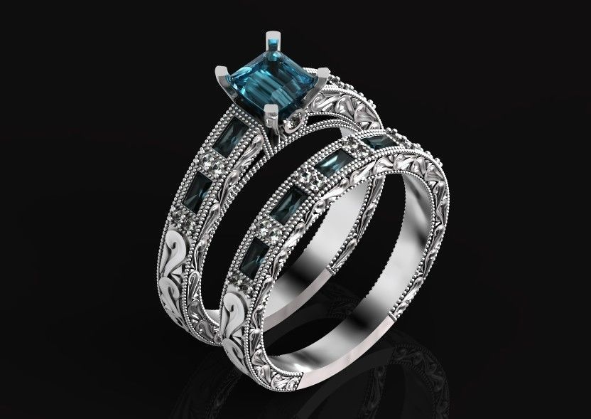 double engagement wedding ring with baguette and princess 506 3D print model_57