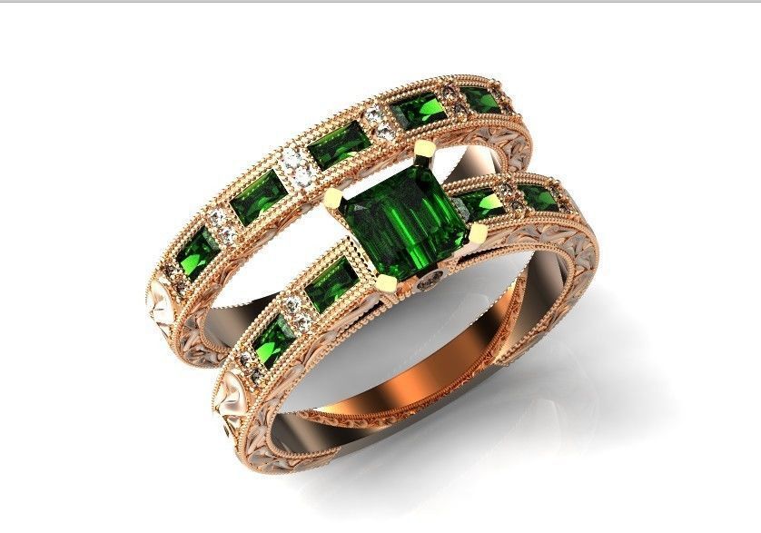 double engagement wedding ring with baguette and princess 506 3D print model_53