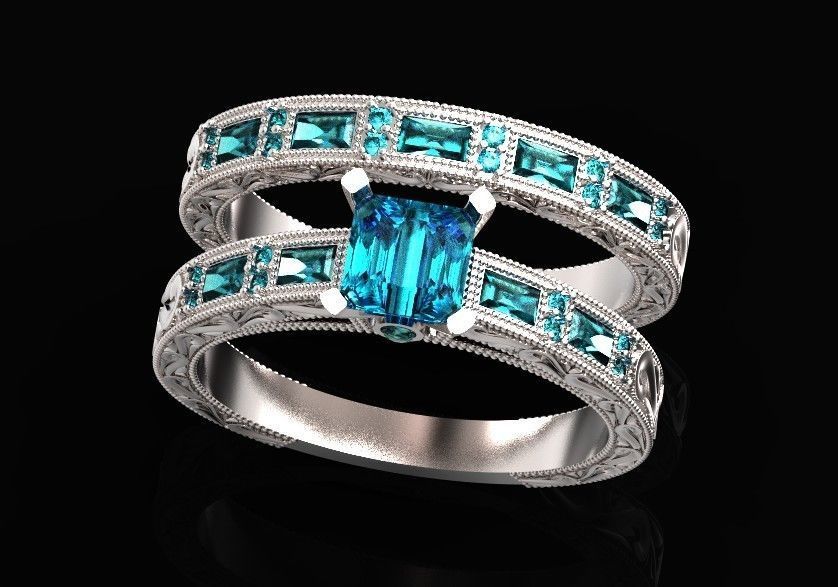 double engagement wedding ring with baguette and princess 506 3D print model_24