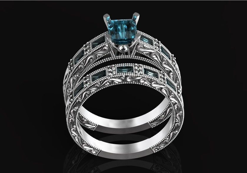 double engagement wedding ring with baguette and princess 506 3D print model_61