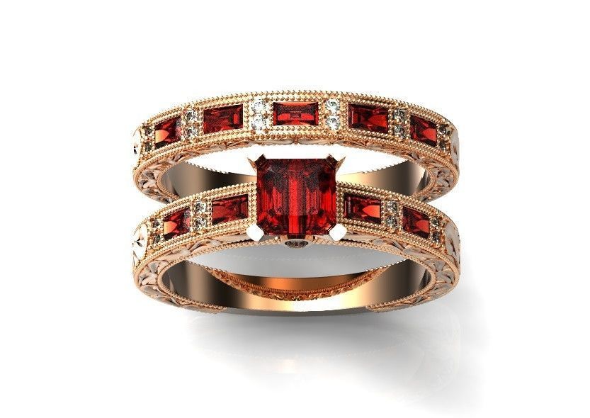 double engagement wedding ring with baguette and princess 506 3D print model_49
