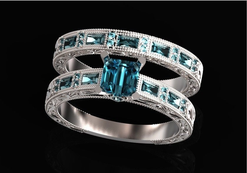 double engagement wedding ring with baguette and princess 506 3D print model_0