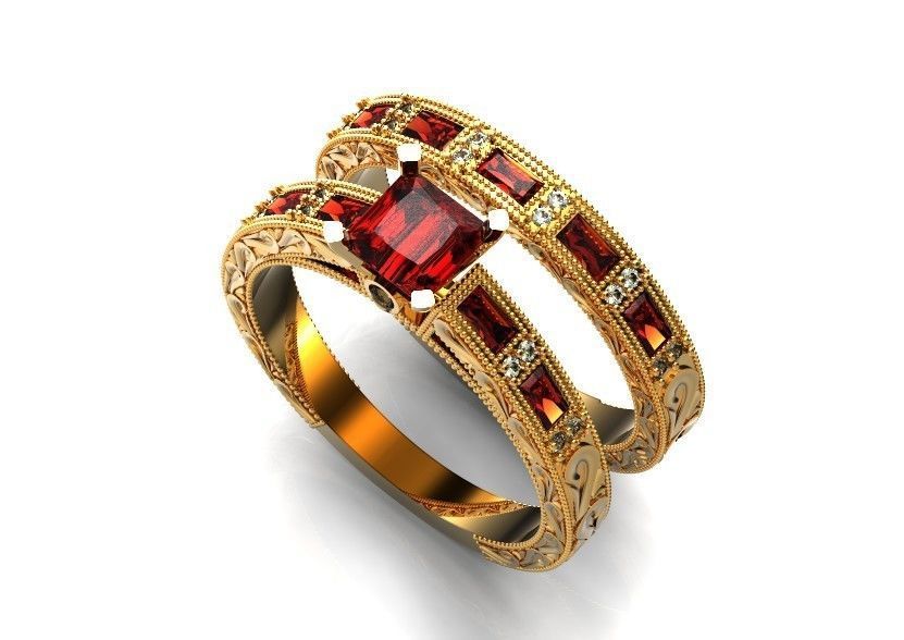 double engagement wedding ring with baguette and princess 506 3D print model_18