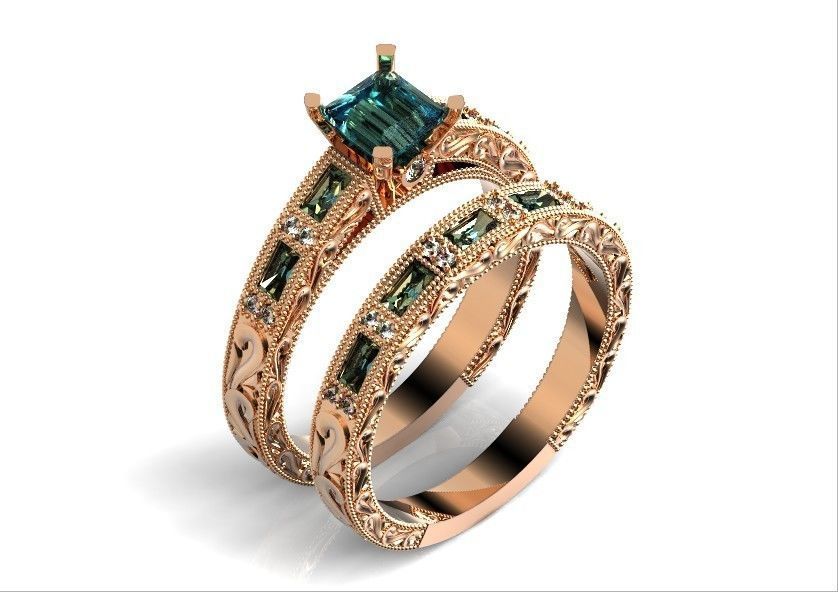 double engagement wedding ring with baguette and princess 506 3D print model_55