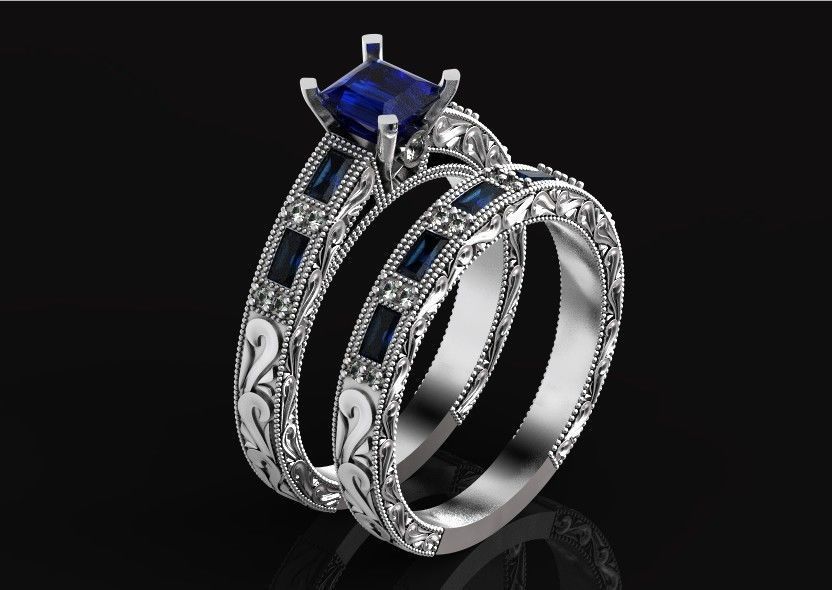 double engagement wedding ring with baguette and princess 506 3D print model_60