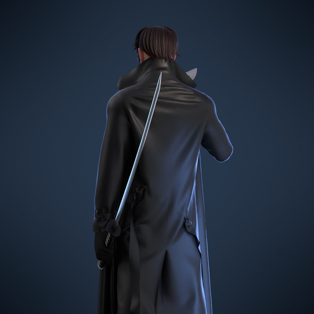 Ninja man in coat holding mask 3D model_1
