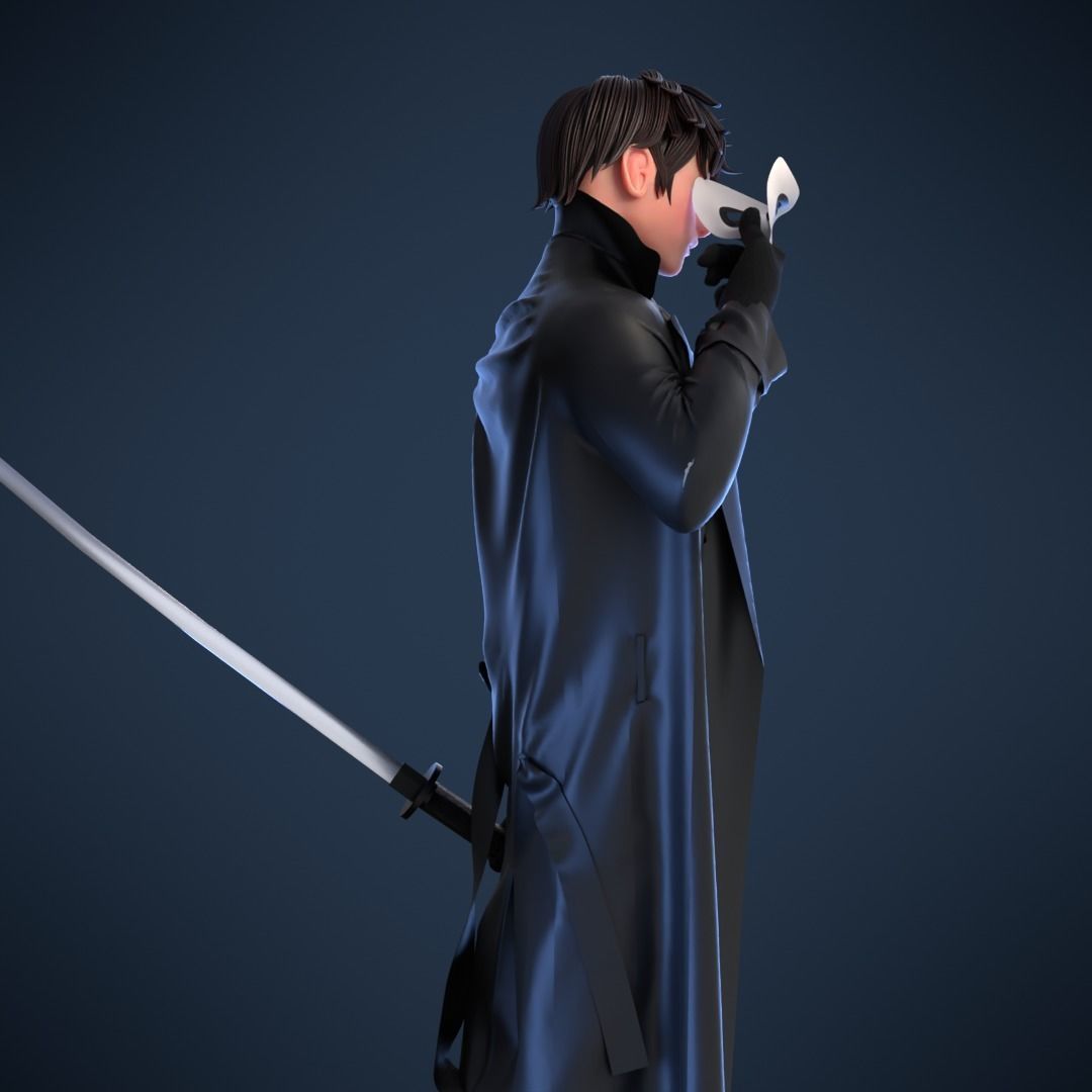 Ninja man in coat holding mask 3D model_3