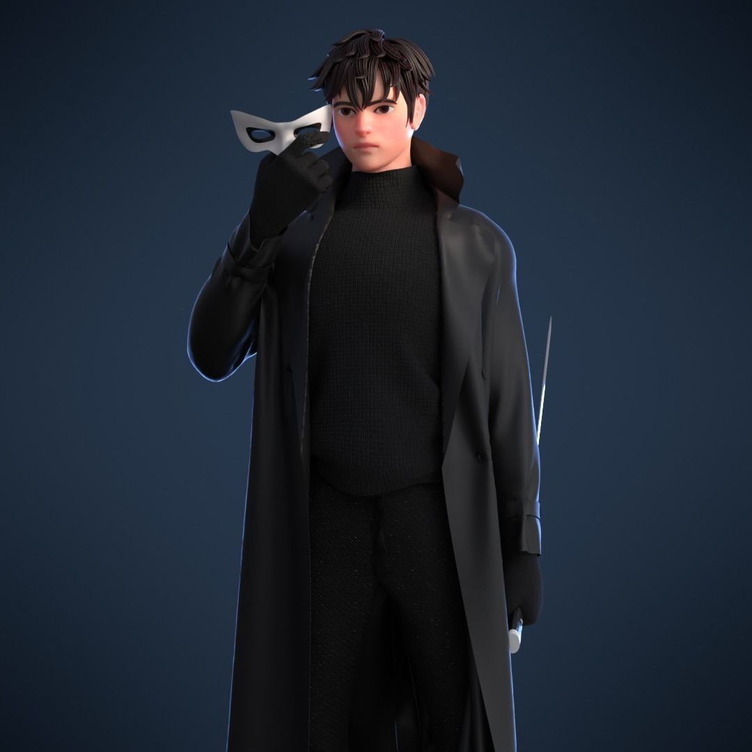 Ninja man in coat holding mask 3D model_2