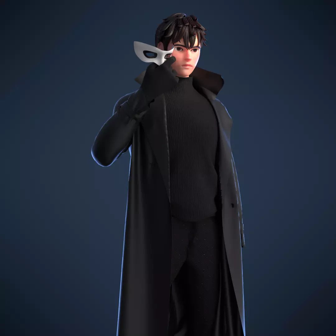 Ninja man in coat holding mask 3D model_0
