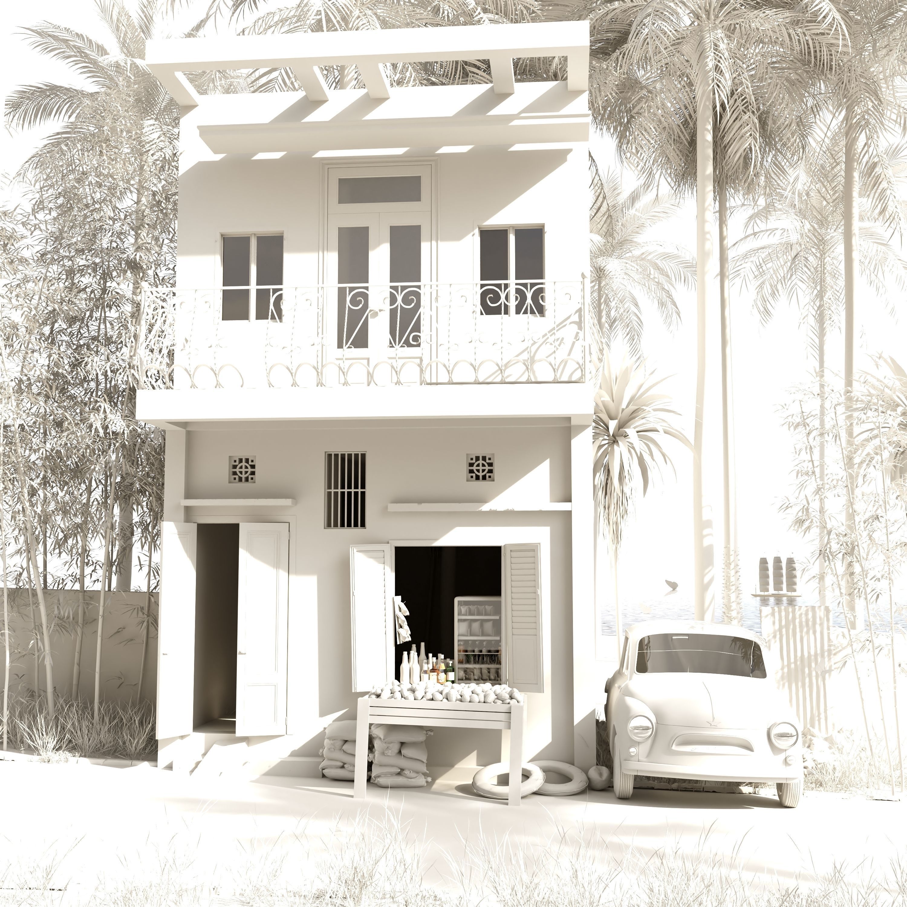 Beach house scene 3D model_1