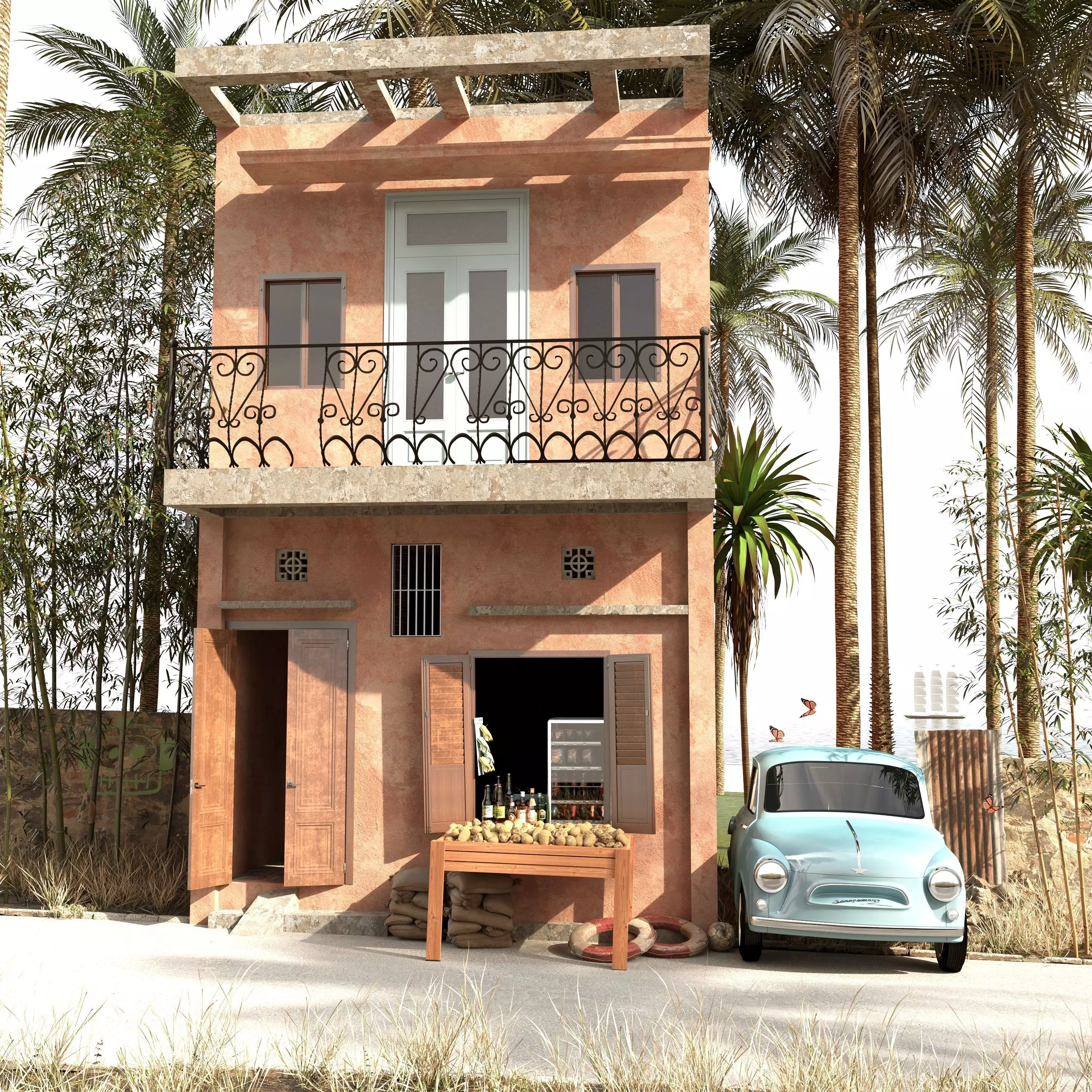 Beach house scene 3D model_0