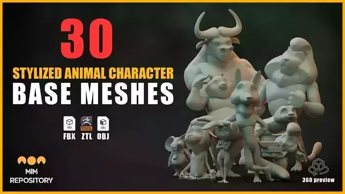 30 Stylized Animal Character Base Meshes - Update 2025 3D model
