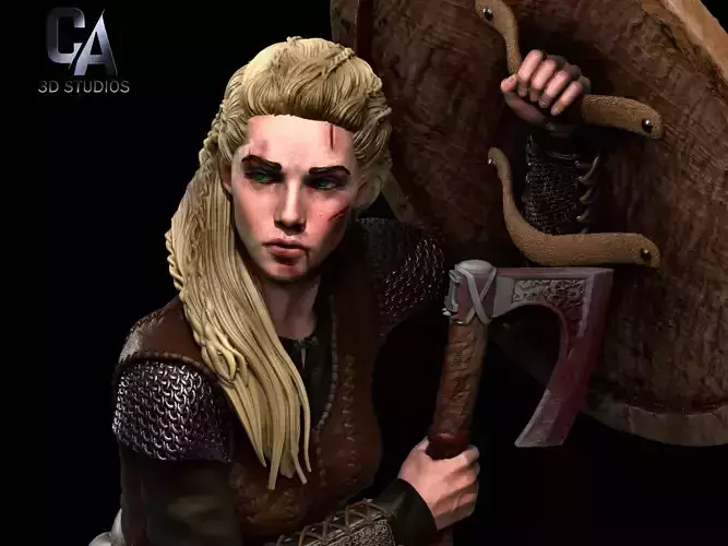 Lagertha 3D Print statue of woman holding shield 3D print model