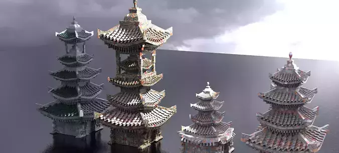 4 Stylized Zen towers  3D model
