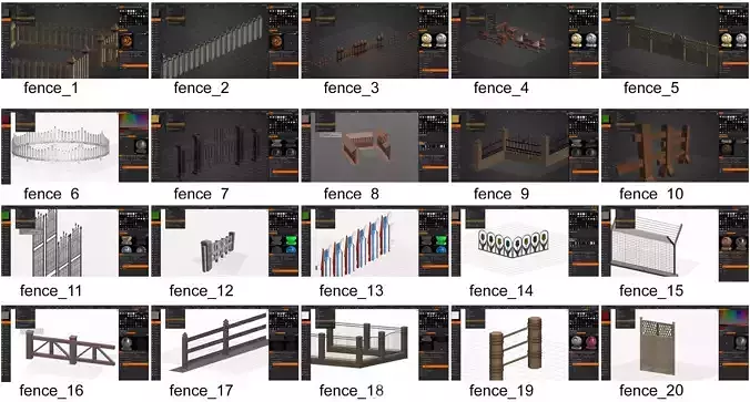 20 low poly fence set Low-poly 3D model