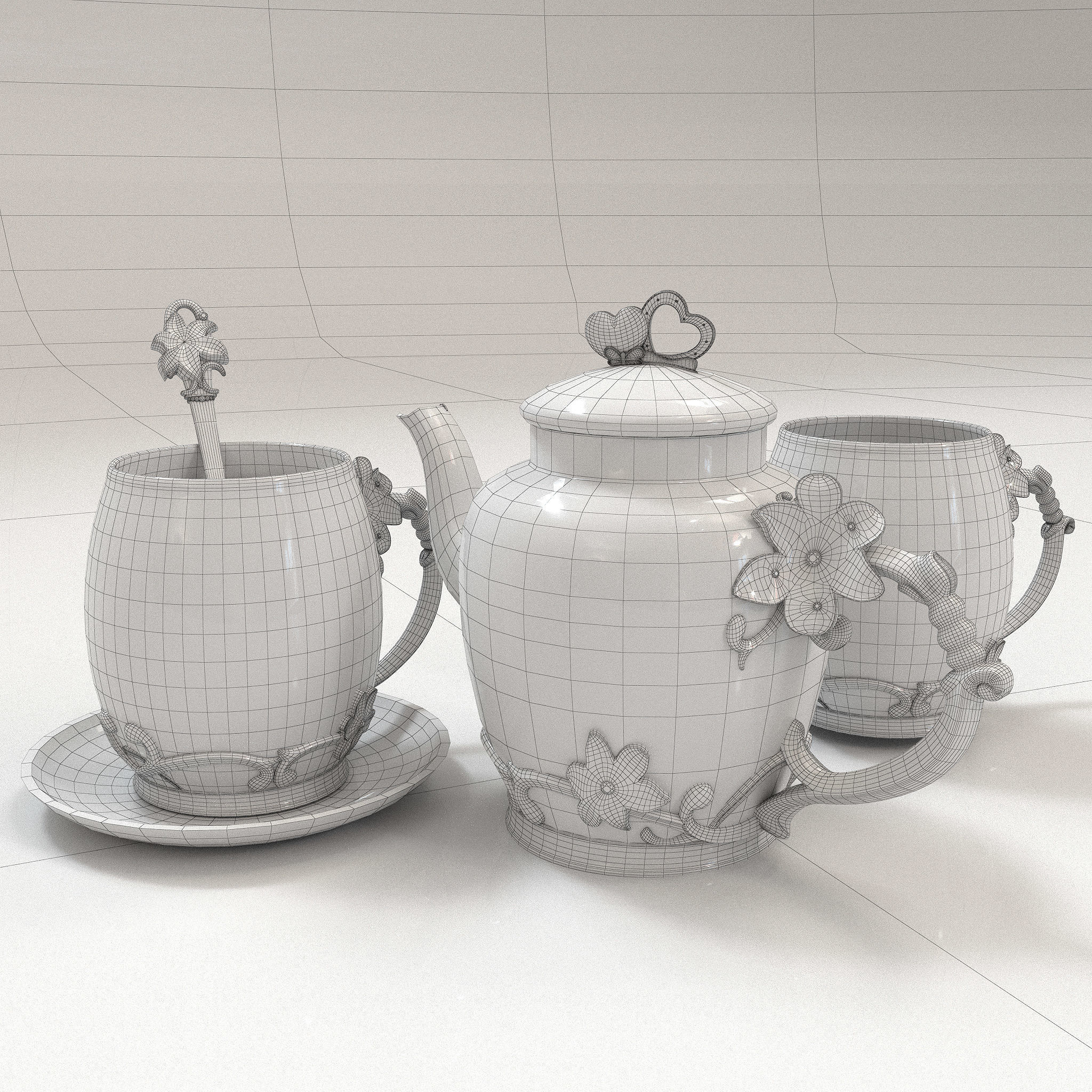 Handmade tea set 3D model 3D model_4