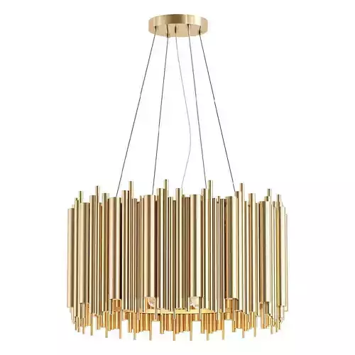Savona modern chandelier with gold rods hanging from ceiling