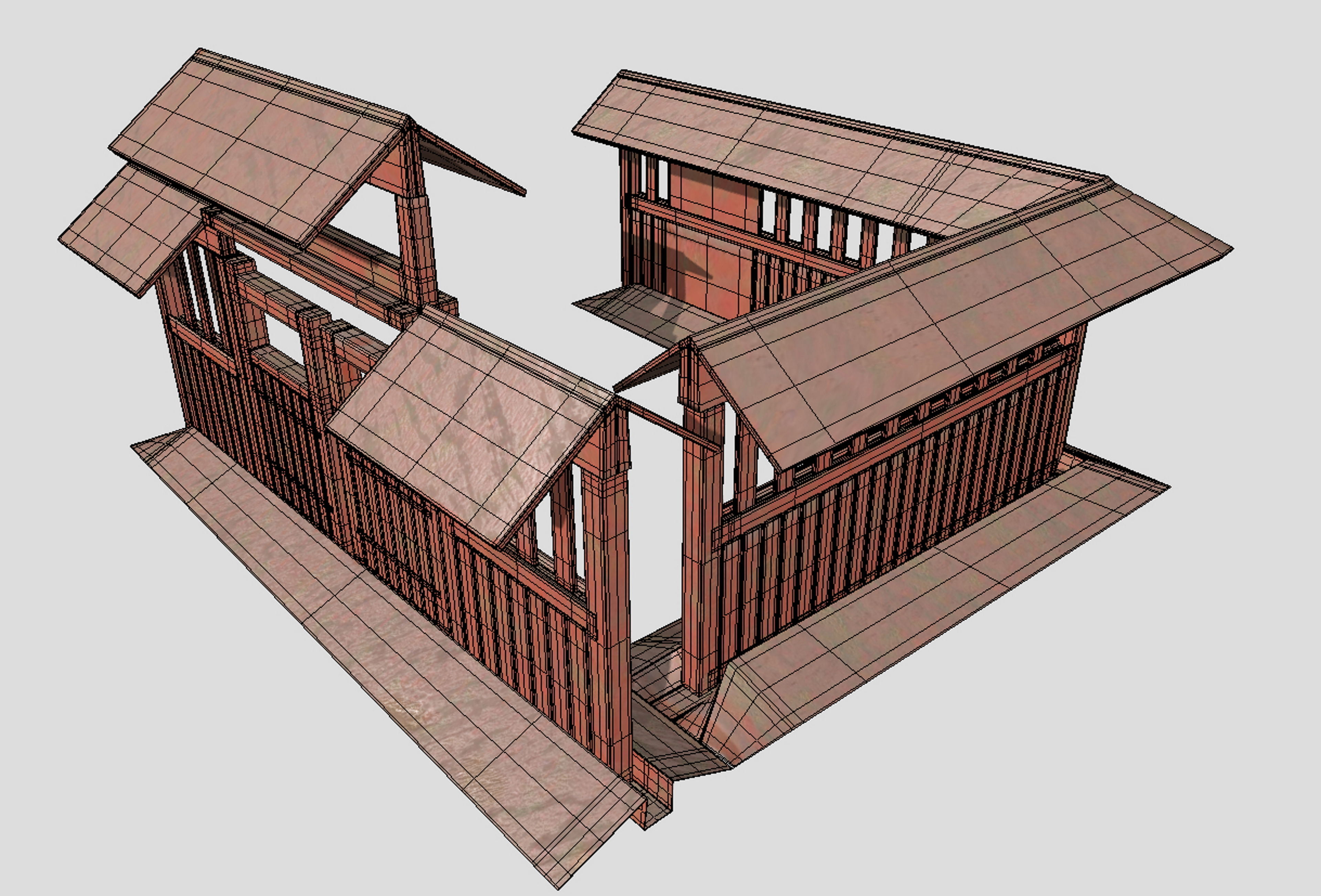 Japanese style fence and door set Low-poly 3D model_4